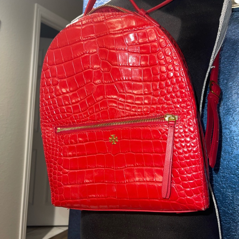Authentic Tory Burch crocodile embossed red leather backpack.